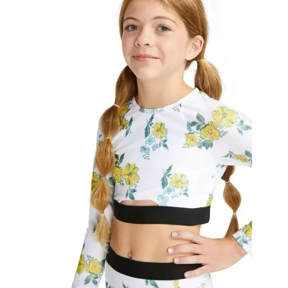 Justice Girls Long Sleeve Elastic Trim Floral Print Rash Guard Swimsuit TOP‎ Sm